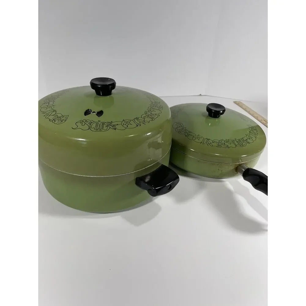 2 x Wear-Ever Registered Aluminum Green Enamel 5 QT Stock Pot +Fry Dia Pot +lids